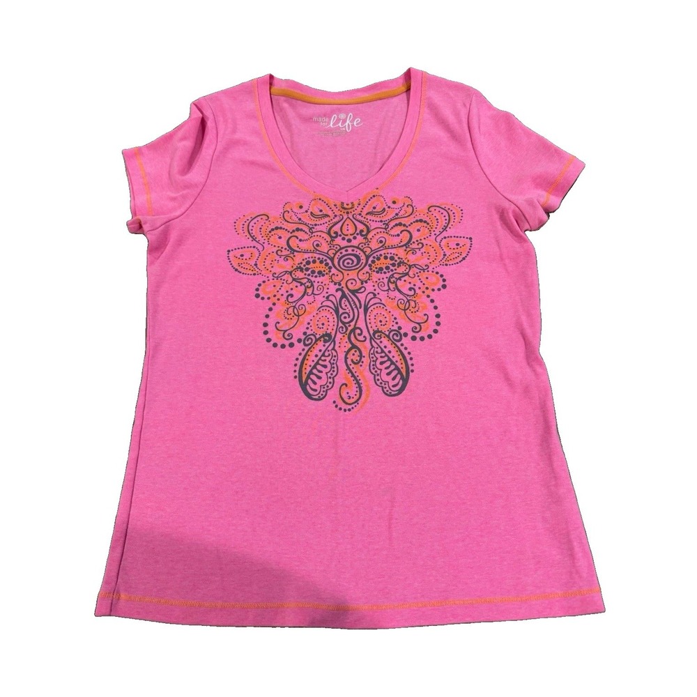 Made for Life Women's L Pink Knit V-Neck Short Sleeve Graphic Print T-Shirt